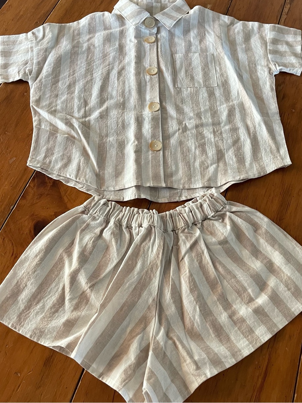 Rylee Cru Striped Button Front Short Set in Cream and Tan